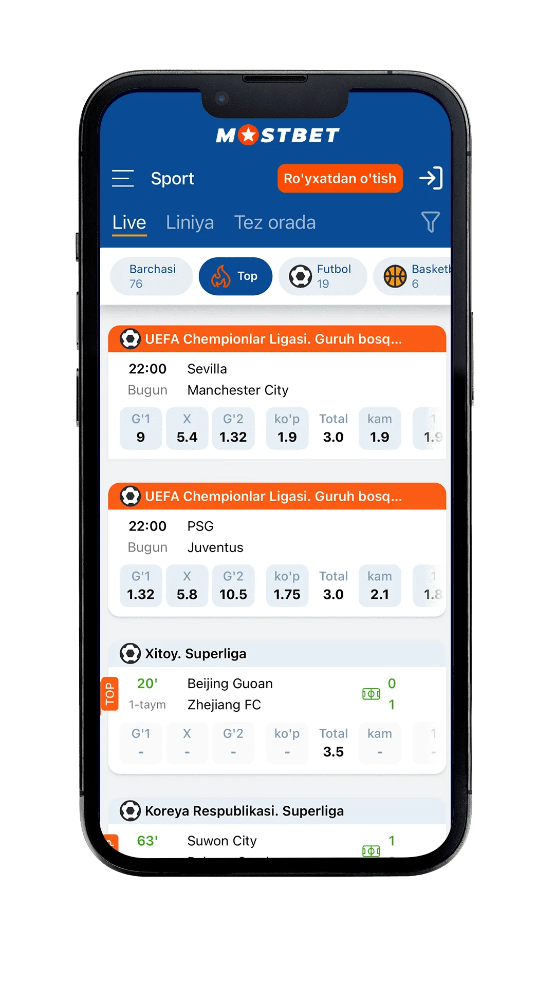 Mostbet Android ilovasida sport va live bo‘limi